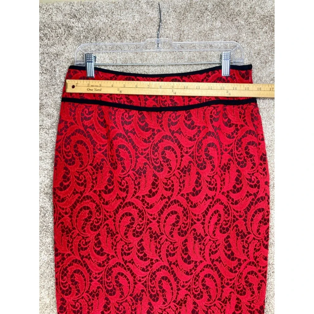 Magaschoni Lace Scroll Pencil Skirt Women 12 Red Black Dark Academia Office Chic